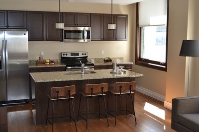 A kitchen island with premium appliances and a view of downtown